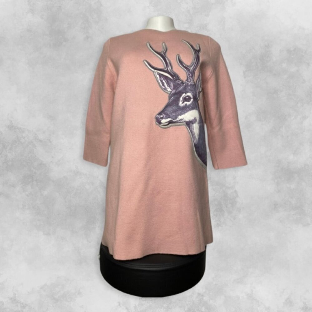Pink Wool Blend Deer Appliqué Sweater Tunic Cottagecore M - Picture 3 of 16
